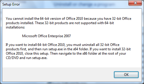 Office 2010 TP Setup Error x86 to x64 upgrade not allowed